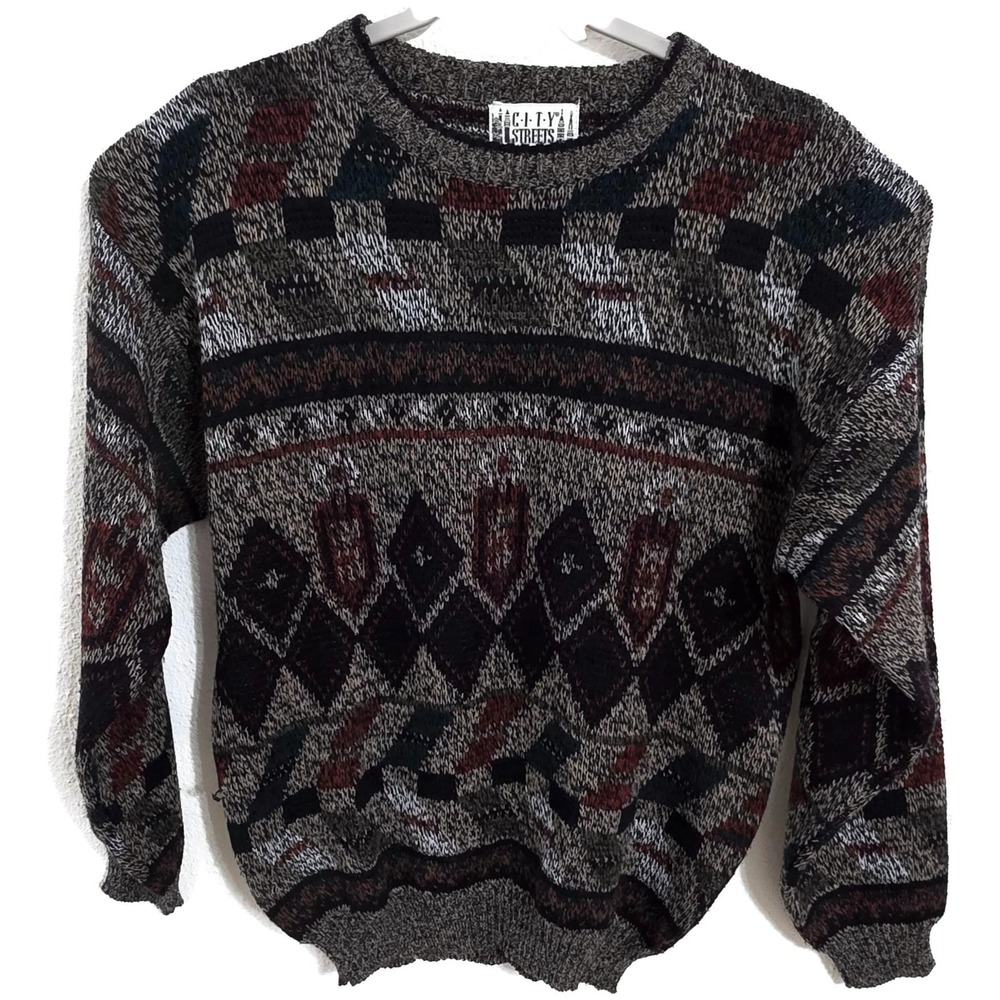 City Streets Sweater Mens Medium Korea Argyle Knit Crewneck‎ Pullover Geometric